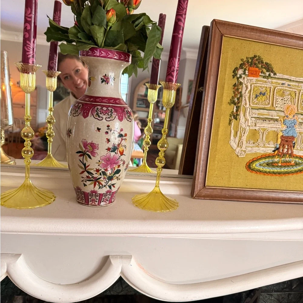 Vintage Cream and Pink Floral Ceramic Vase - Decorative Home Accent